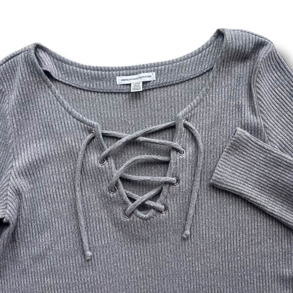 American Eagle Women's Sm Light Gray Ribbed Lace Up Long Sleeve Sweater Y2K Chic